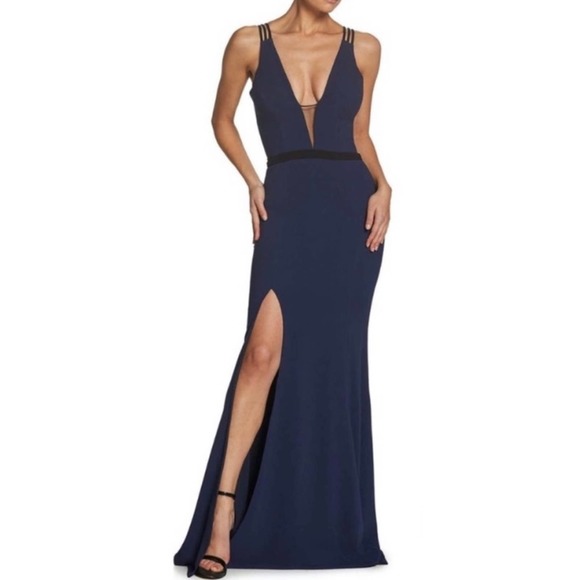 Dress the Population‎ Lana Navy Black Mesh Plunge Strappy Maxi Dress Small - Picture 1 of 7
